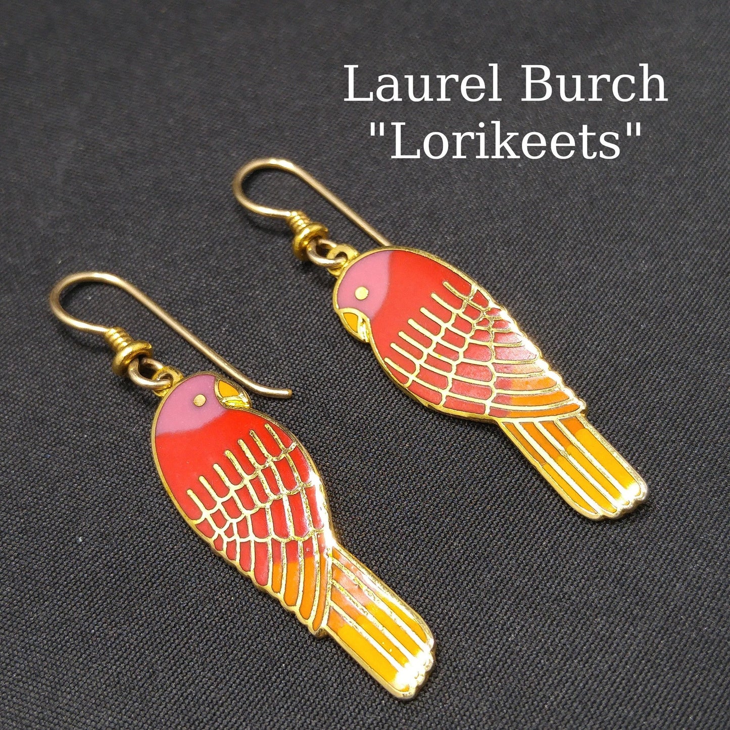 Laurel Burch "Lorikeets" Earrings, Gold Plated Cloisonne & Enamel, 1980s Vintage