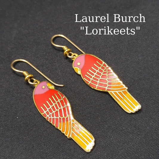 Laurel Burch "Lorikeets" Earrings, Gold Plated Cloisonne & Enamel, 1980s Vintage