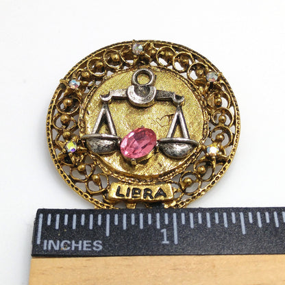 Arthur Pepper "Art" Libra Zodiac Brooch, Pink Rhinestone, 1960s Vintage Jewelry