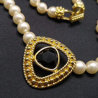 Swarovski Faux Pearl Necklace with Black Crystal Pendant, Gold Plated, 1990s Vintage