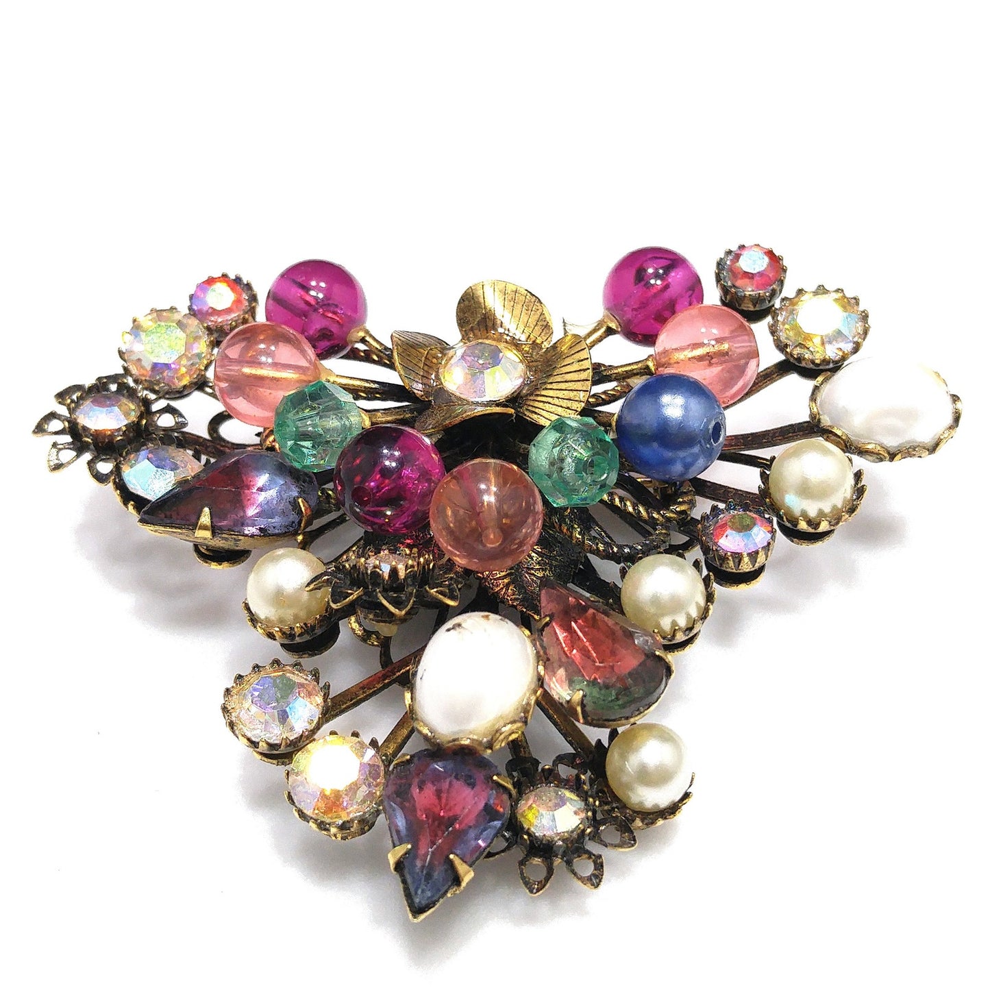 Mid-century Floral Beaded Riveted Brooch, Rhinestones Beads Prongs, 1950s Vintage Jewelry