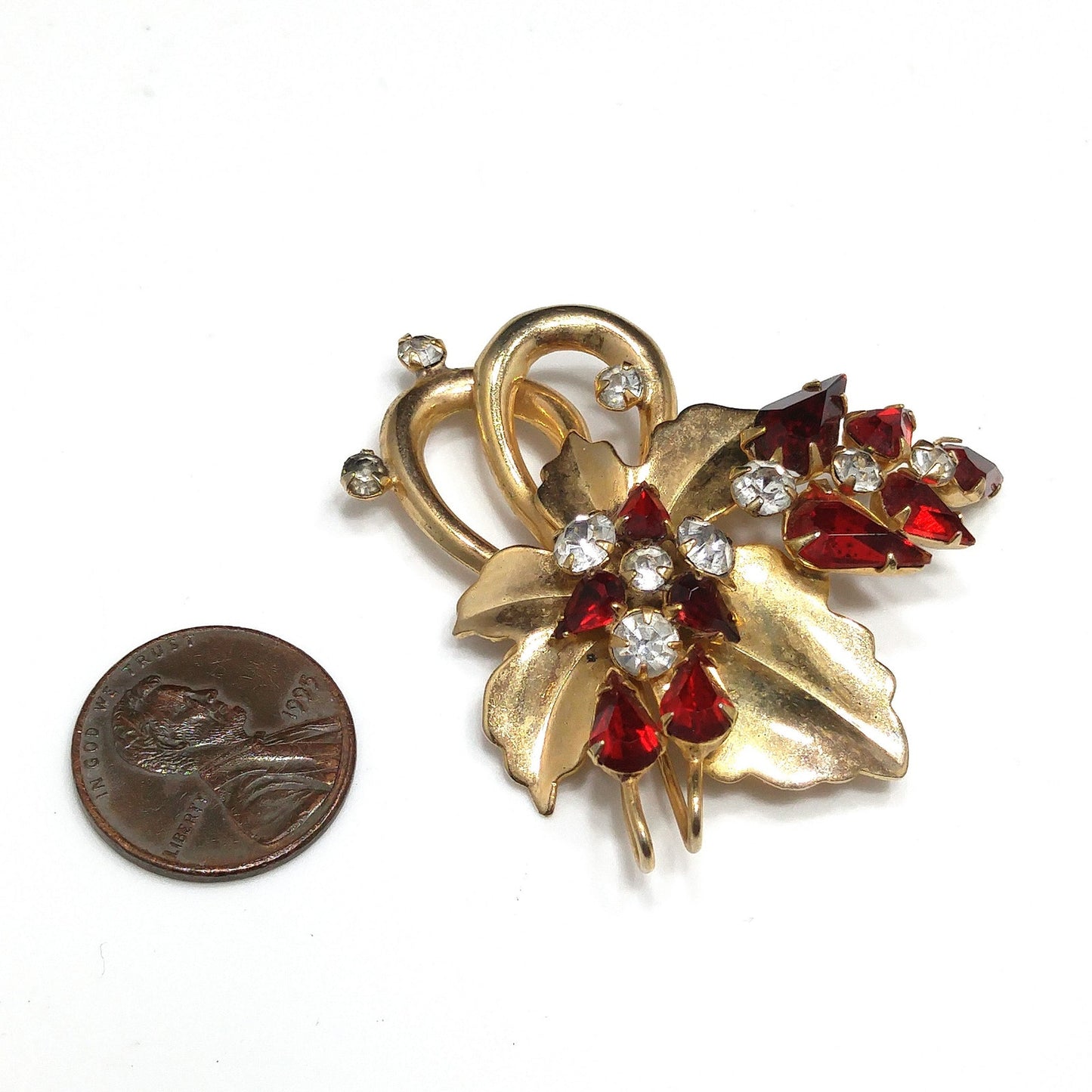 Vintage Scitarelli Red Rhinestone Floral Brooch Pendant 1950s Gold Plated Signed
