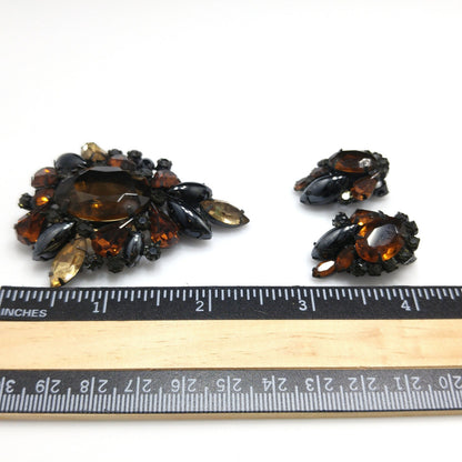 Vintage Weiss Japanned Topaz Rhinestone Brooch & Earrings