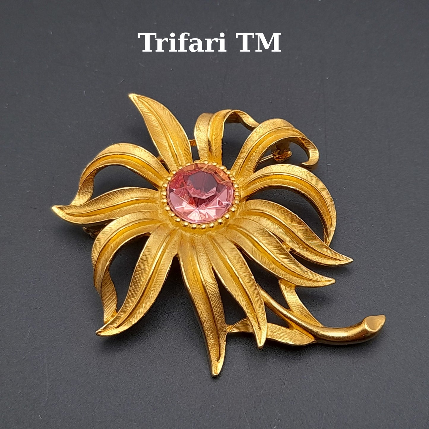 Vintage Trifari™ Flower Brooch with Pink Rhinestone Center