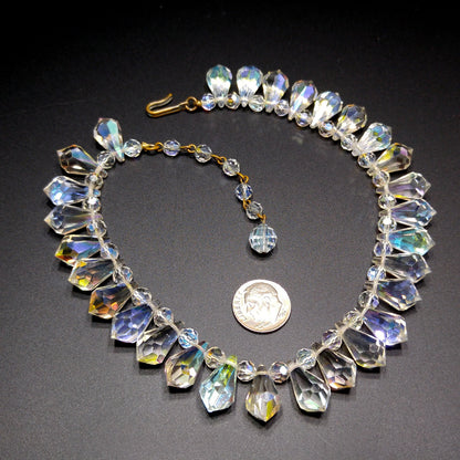 Mid-Century Crystal Teardrop Dangling Necklace, 18mm AB Crystals, 1950s Vintage Jewelry