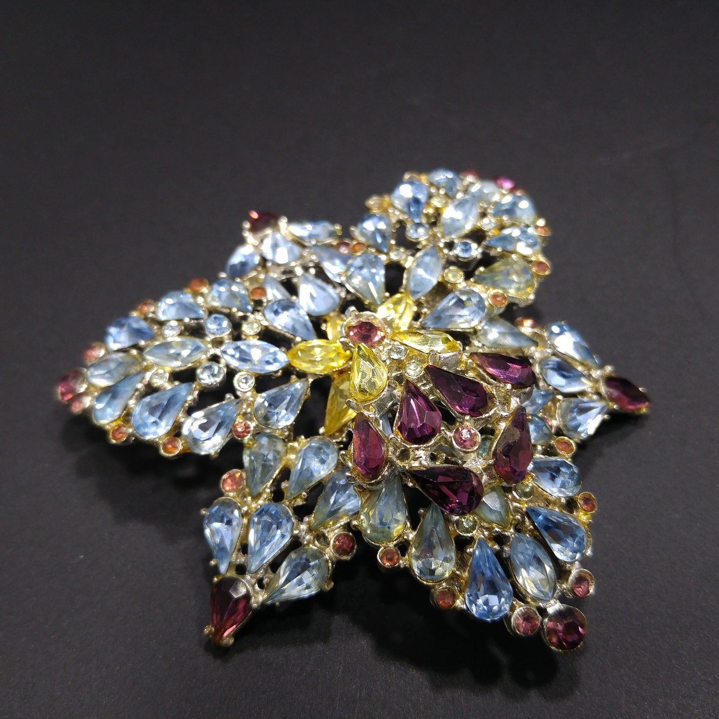 Mid Century Large Rhinestone Orchid Brooch, Light Blue Purple Rhinestones, 1960s Vintage Jewelry