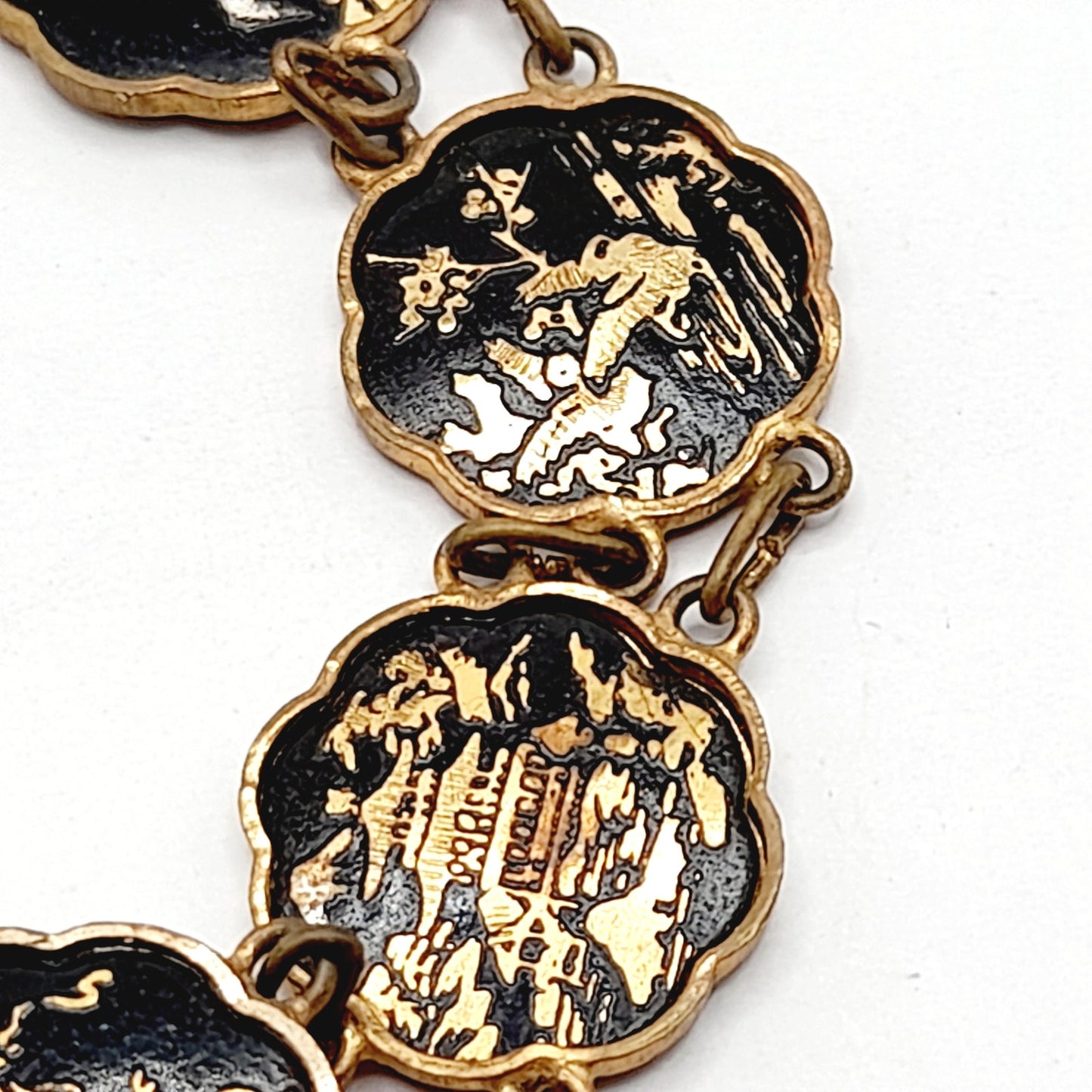 Authentic Japanese Damascene Bracelet - Vintage 6.5" Link Style - Black Gold Inlay