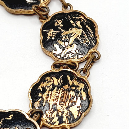 Authentic Japanese Damascene Bracelet - Vintage 6.5" Link Style - Black Gold Inlay