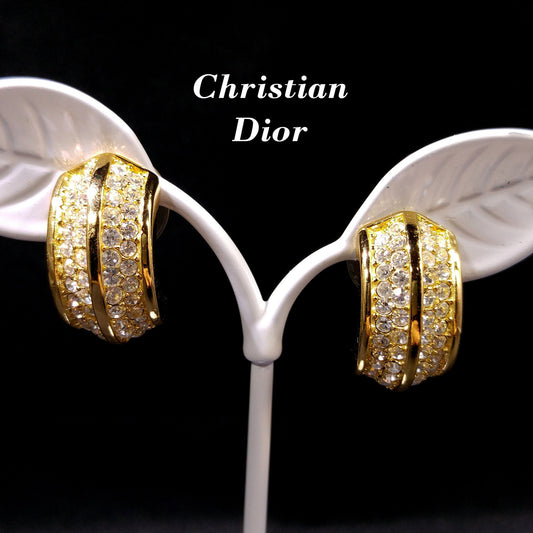 Vintage Christian Dior Rhinestone Hoop Earrings – Gold Plated Pave 1990s Designer Jewelry