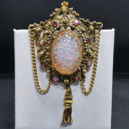 Vintage 1950s Hollywood Faux Opal Glitter Glass Brooch Tassel