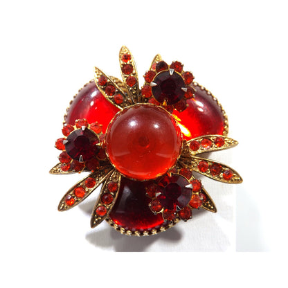 Red Rhinestone Orange Cabs Designer Brooch, Dog Tooth Cabochons, 1960s Vintage Jewelry