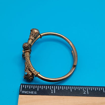 Antique Snake Cuff Bracelet, Gold Filled, Filigree Balls, Turquoise Bead Eyes, Victorian 1800s Jewelry