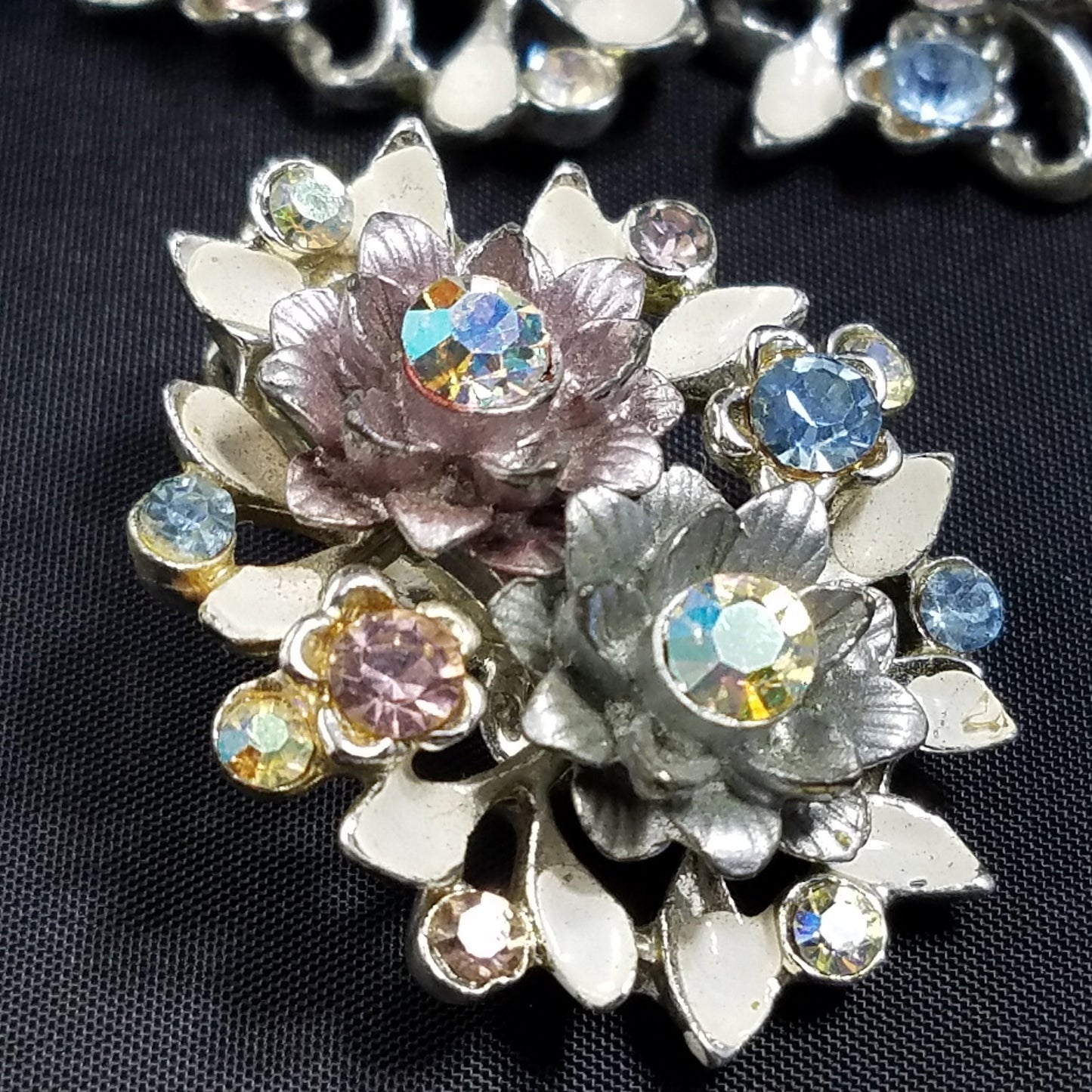 Vintage BSK White Enamel Floral Bracelet Earrings Set Pink Blue AB Rhinestones
