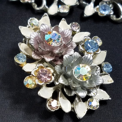 Vintage BSK White Enamel Floral Bracelet Earrings Set Pink Blue AB Rhinestones