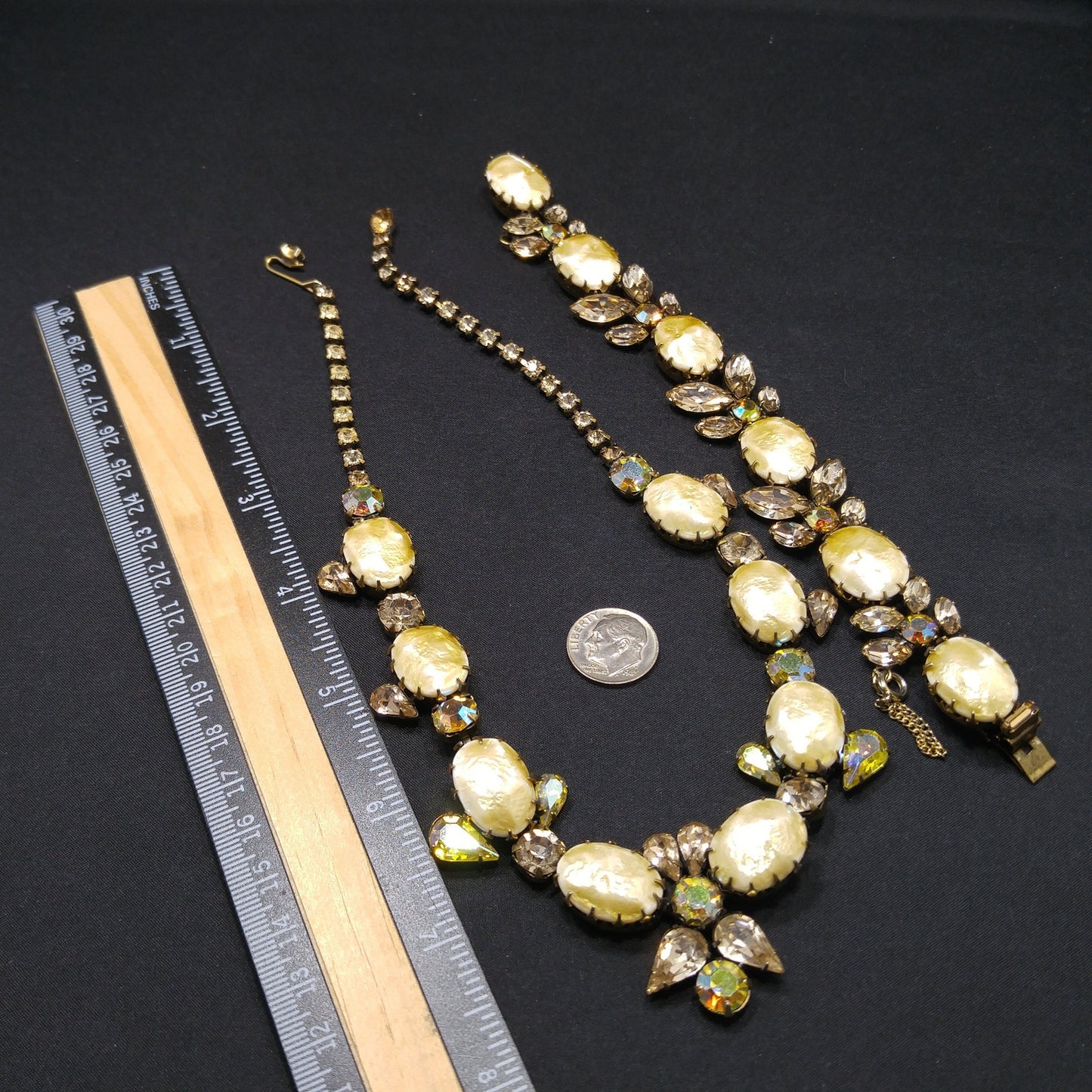 Regency Baroque Pearl Necklace Bracelet Set, Light Topaz AB Rhinestones, 1950s Vintage Jewelry