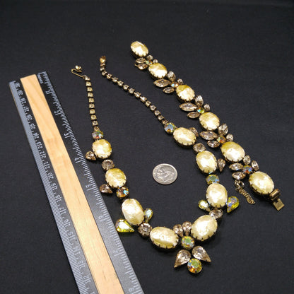 Regency Baroque Pearl Necklace Bracelet Set, Light Topaz AB Rhinestones, 1950s Vintage Jewelry