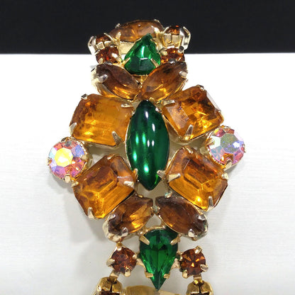 Light Topaz & Green Rhinestone Bracelet, Gold Plated, Aurora Borealis, 1960s Vintage Jewelry