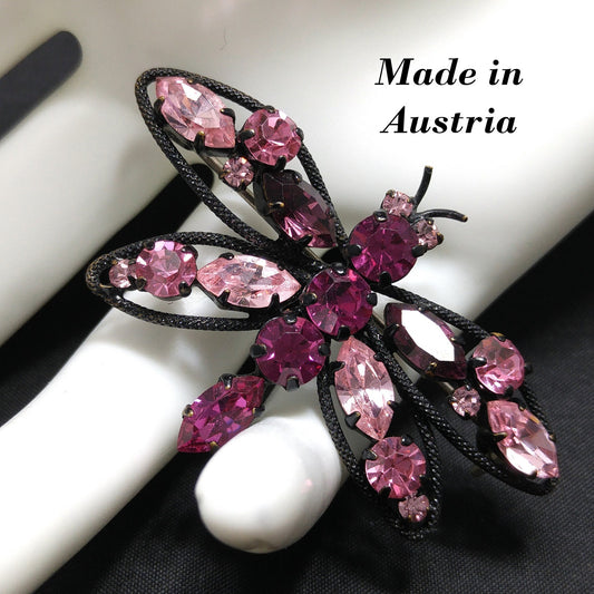Austria Pink Dragonfly Brooch, Japanned Black Enamel, 1950s Vintage Jewelry