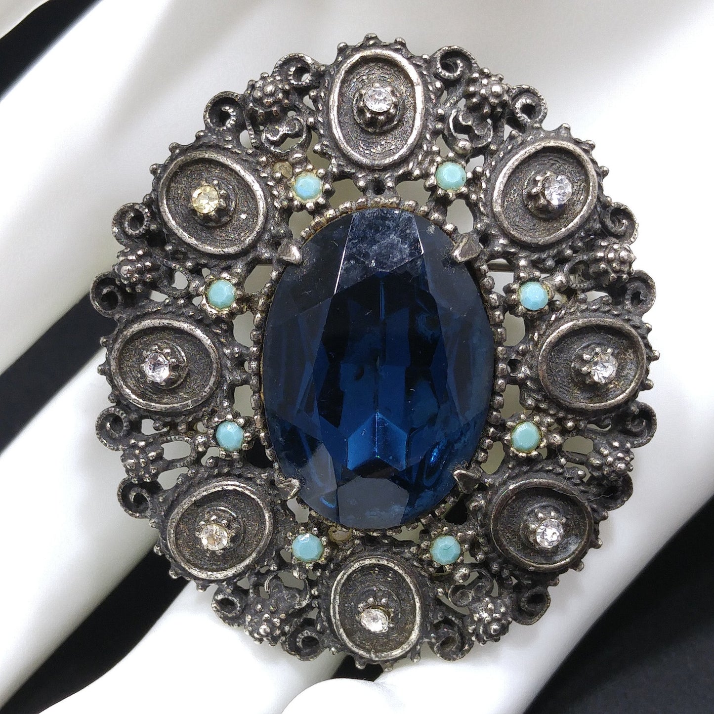 Florenza Blue Faceted Glass Brooch & Pendant, Antique Silver Tone, Gold Plated, 1950s Vintage Jewelry