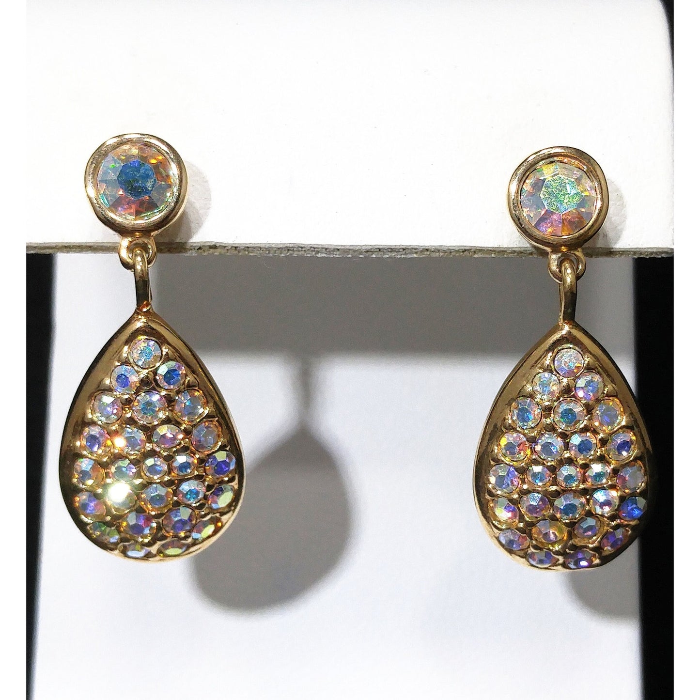 Vintage Swarovski Swan Logo Earrings – Aurora Borealis Crystal Teardrop Dangles