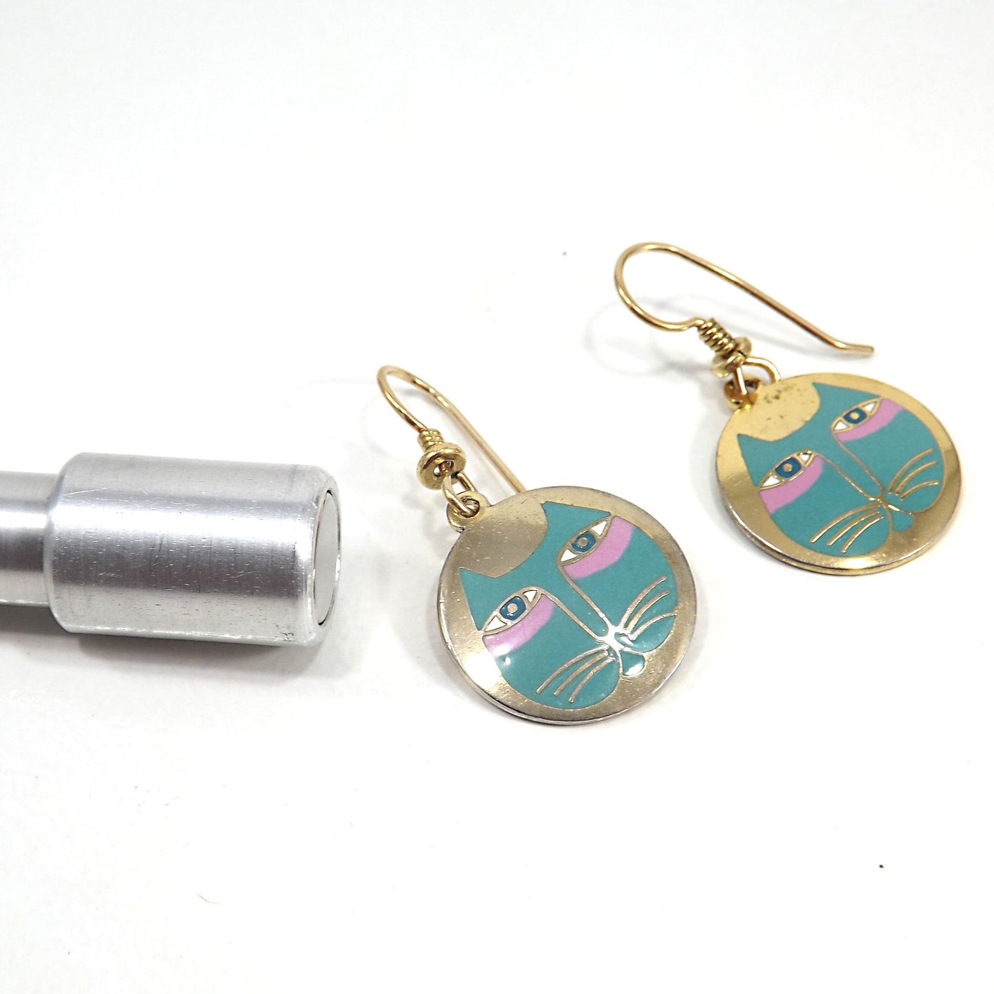 Vintage Laurel Burch "Moon Cat" Earrings, Teal Pink & Gold Cats