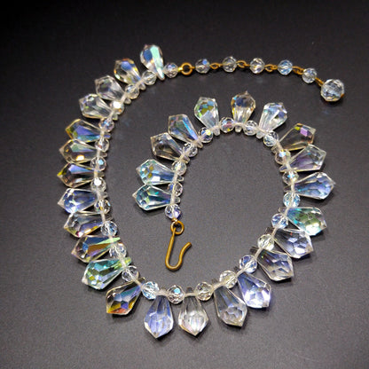Mid-Century Crystal Teardrop Dangling Necklace, 18mm AB Crystals, 1950s Vintage Jewelry