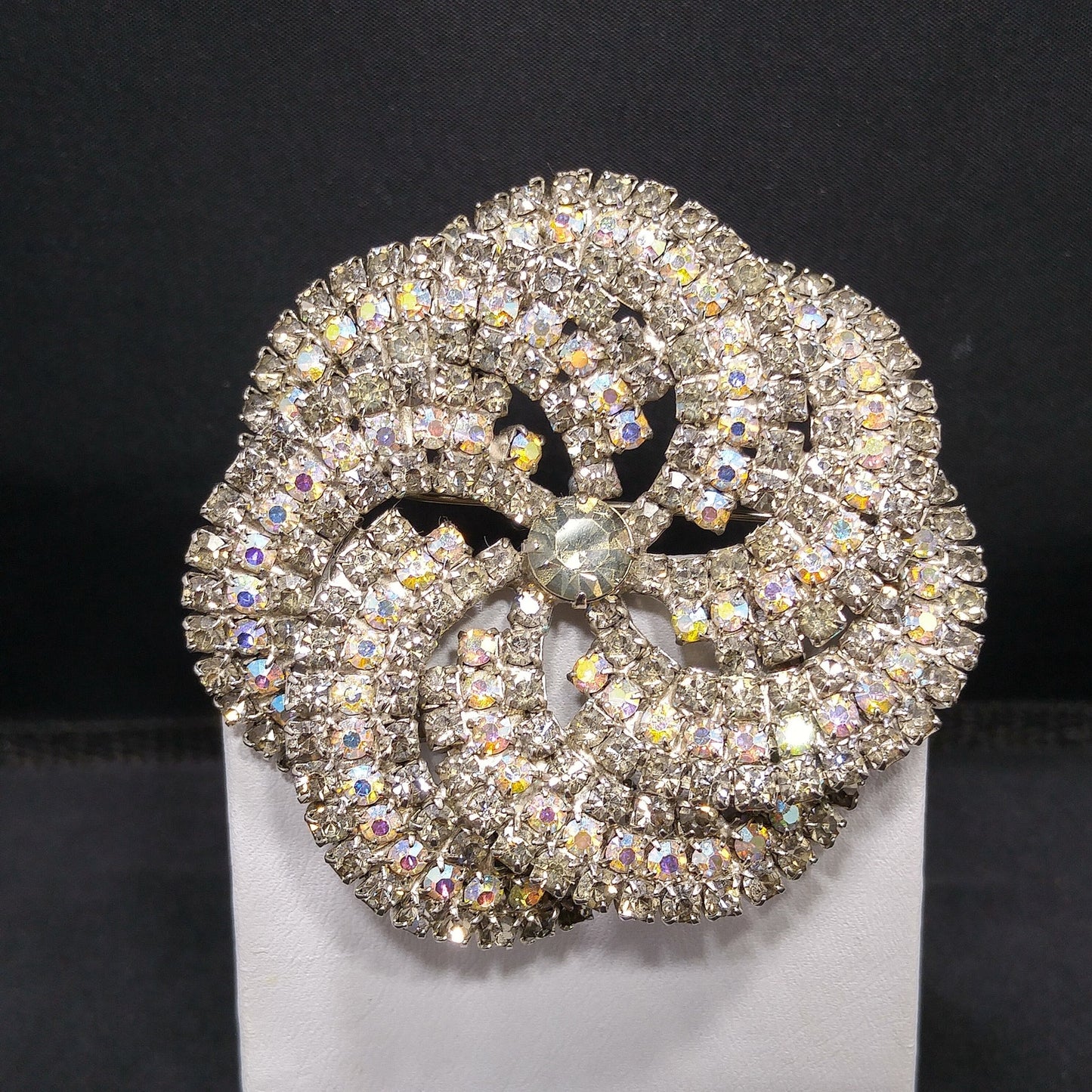 Vintage Pinwheel Rhinestones Brooch, AB Rhinestones, Rhodium Plated, 1960s