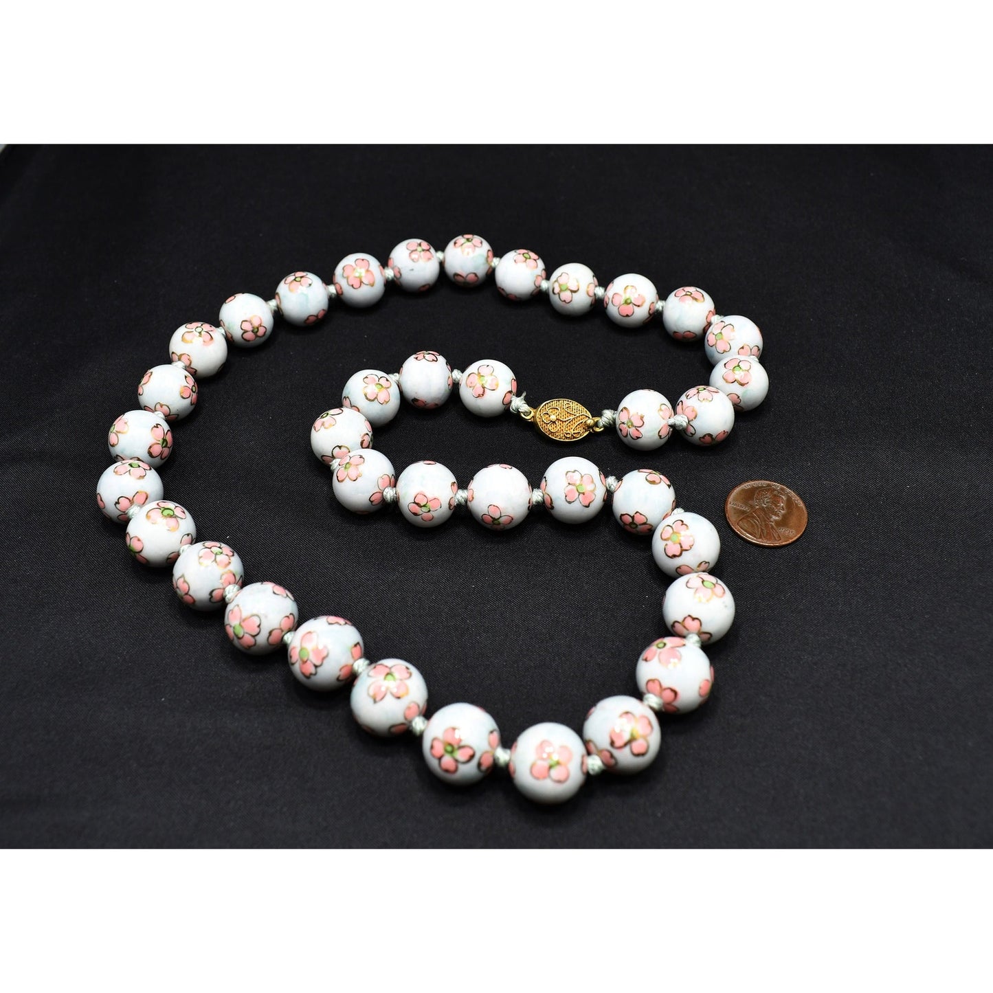 Vintage Chinese Hand Knotted Beaded Necklace, Hand Painted Pink Flowers