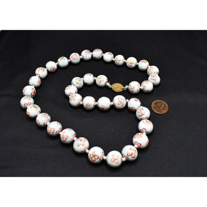 Vintage Chinese Hand Knotted Beaded Necklace, Hand Painted Pink Flowers