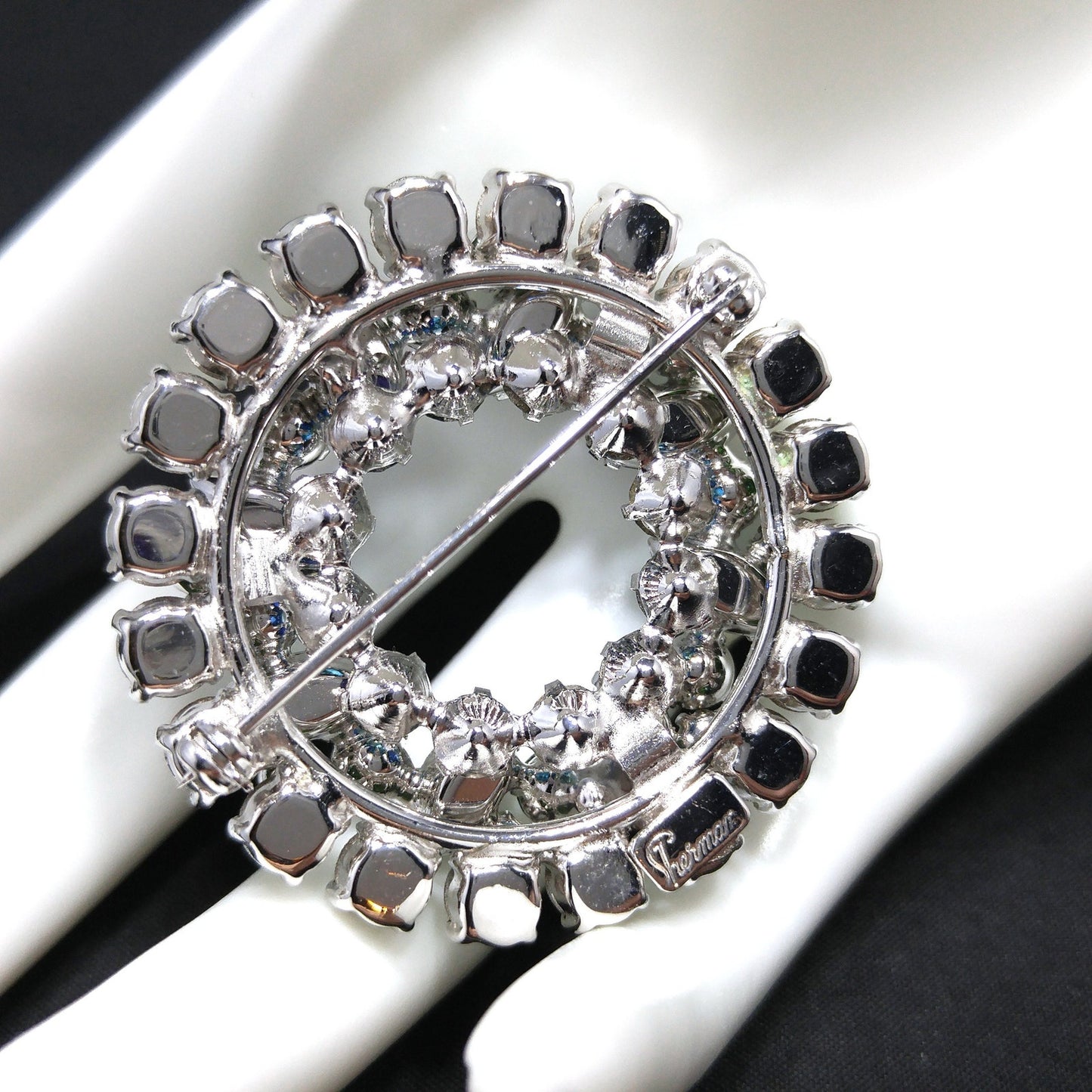 Vintage Sherman Green Aurora Borealis Wreath Brooch, Rhodium Plated, 1960s