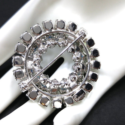 Sherman 1960s Emerald & Peacock Green Rhinestone Wreath Brooch | Aurora Borealis | Rhodium Plated Vintage Jewelry