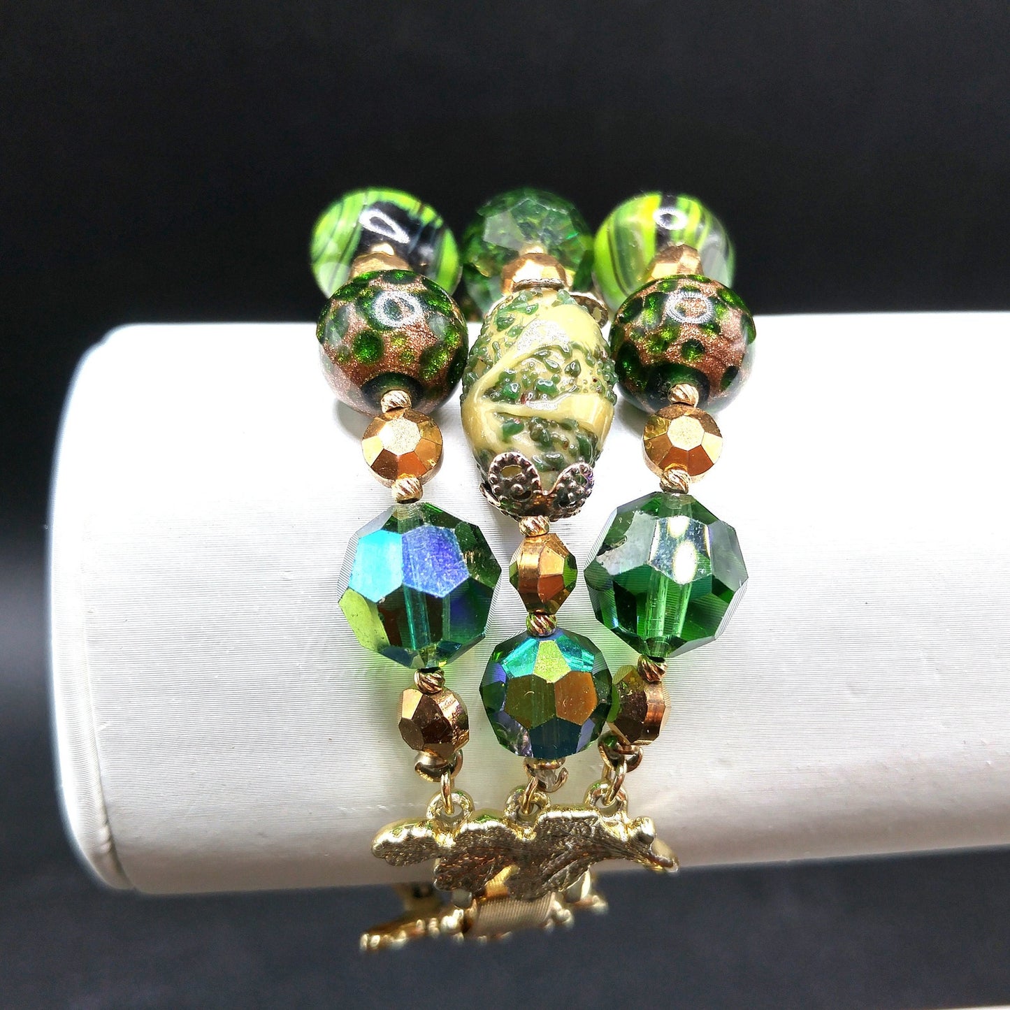 Vintage Vendome Green Crystal Art Bead Bracelet, Three Strands, 1960s
