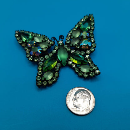 Vintage Weiss Butterfly Brooch, Green Aurora Borealis Rhinestones, Japanned Finish, 1950s Jewelry
