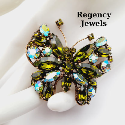 Regency Jewels Butterfly Green Austrian Crystal Rhinestone Brooch, 1940s