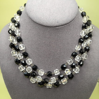 Vintage Art Deco Black and Clear Crystal Necklace – 1920s Wire Wrapped Flapper Beads – 53 Inches