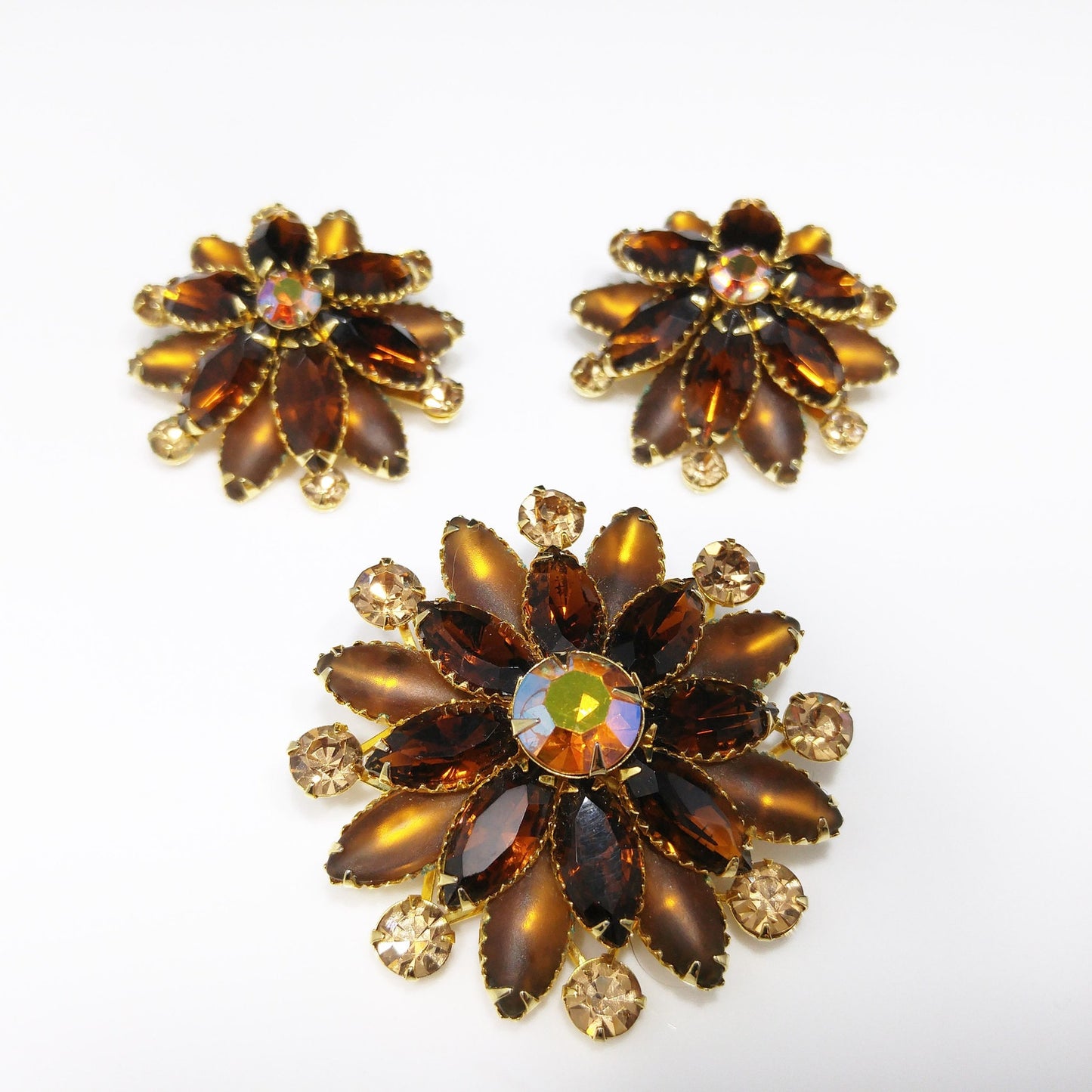 Judy Lee Topaz Rhinestone Brooch & Earrings Set, Gold Plated, Aurora Borealis, 1960s
