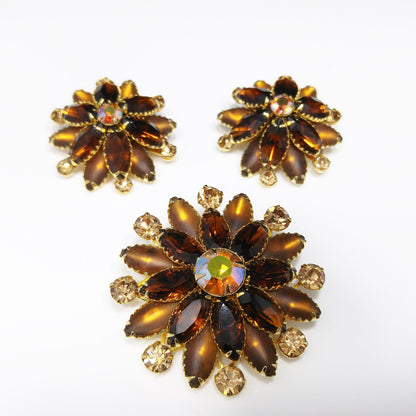 Judy Lee Topaz Rhinestone Brooch & Earrings Set, Gold Plated, Aurora Borealis, 1960s