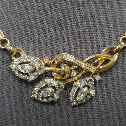 Crown Trifari Rhinestone Pendant Necklace, Snake Chain, 1950s Vintage Jewelry