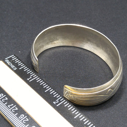 Vintage Navajo Sterling Silver Cuff Bracelet HB Hand Engraved Leaf Design