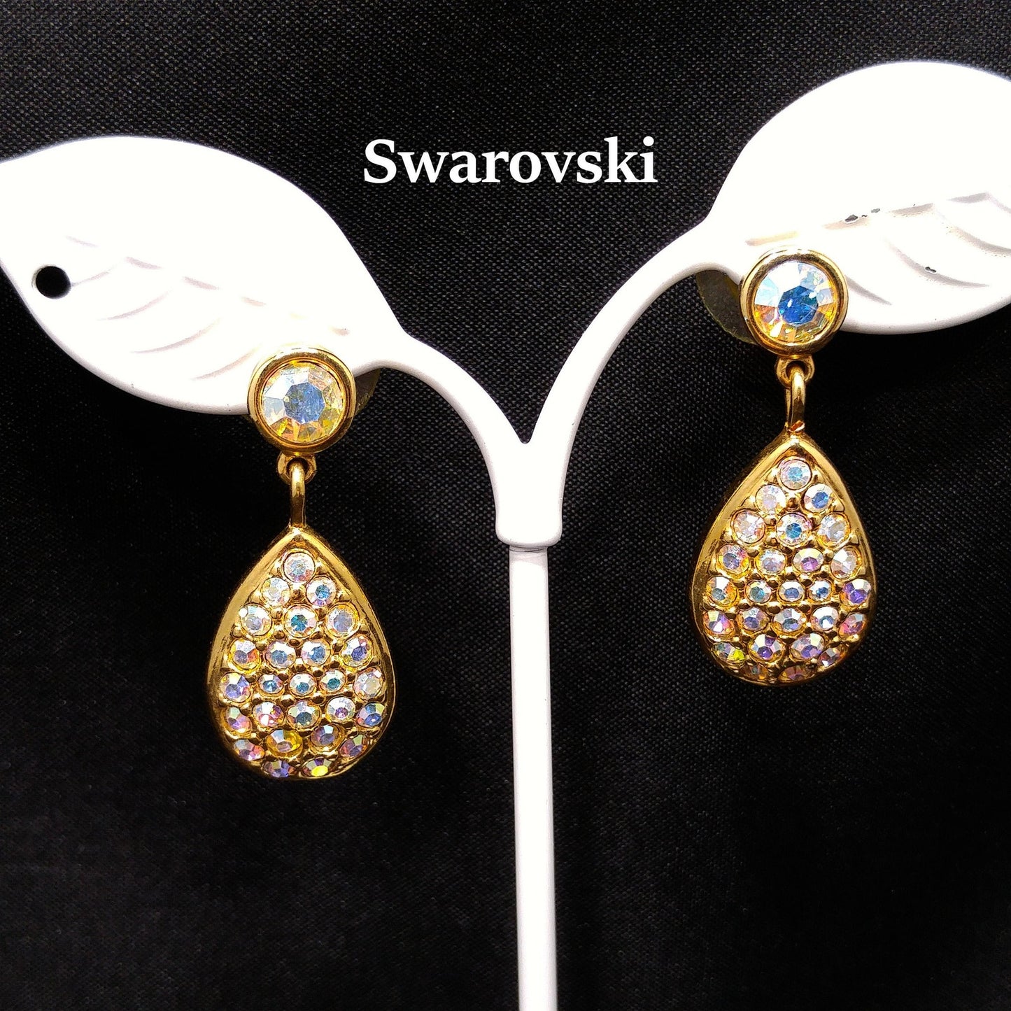 Vintage Swarovski Swan Logo Earrings – Aurora Borealis Crystal Teardrop Dangles