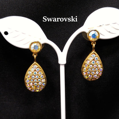Vintage Swarovski Swan Logo Earrings – Aurora Borealis Crystal Teardrop Dangles