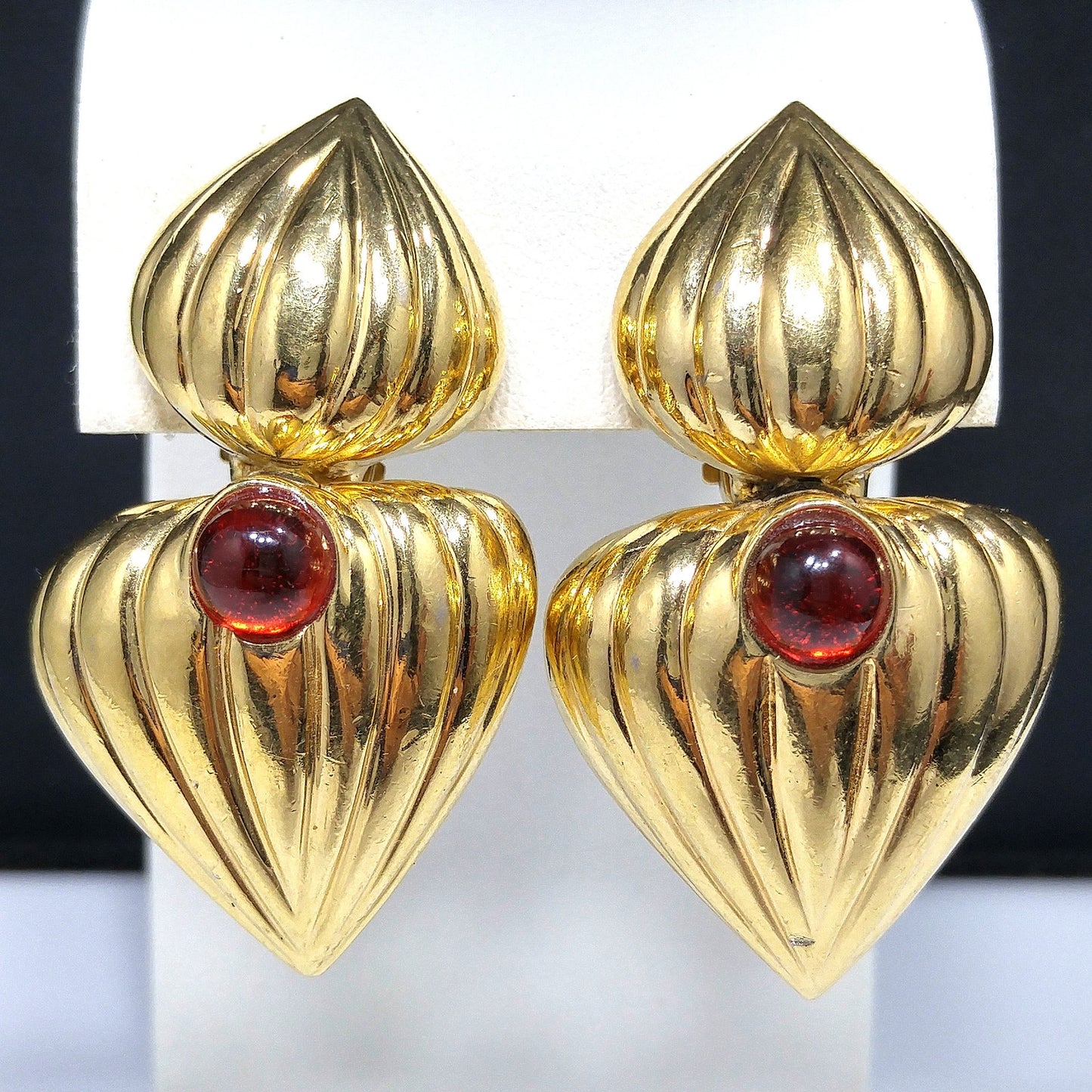 Vintage CINER Heart Drop Earrings, Red Cabochon, Gold Plated, 1980s