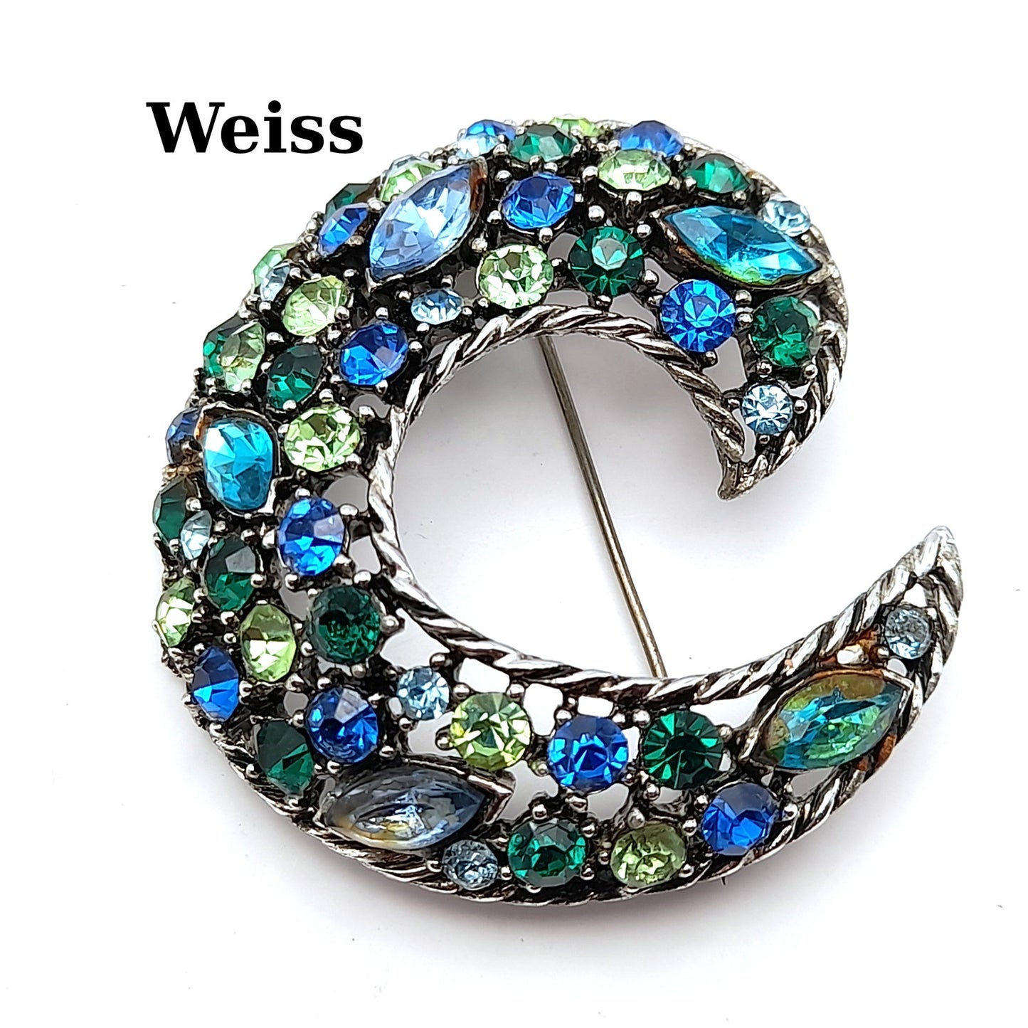 Vintage Weiss Green & Blue Rhinestone Brooch Pin