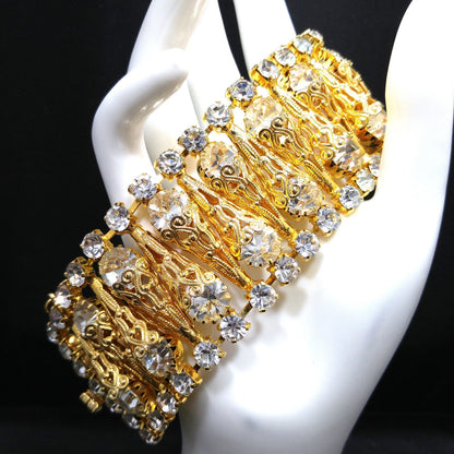 Vintage Clear Rhinestone Wide Filigree Bracelet Gold Tone Safety Chain 1950s