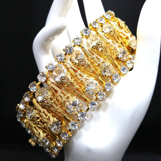 Vintage Clear Rhinestone Wide Filigree Bracelet Gold Tone Safety Chain 1950s