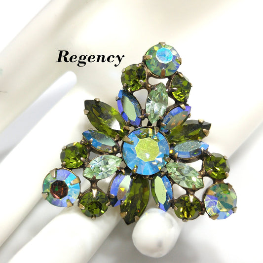 Vintage Regency Blue Green Triangular Brooch, Aurora Borealis, 1960s