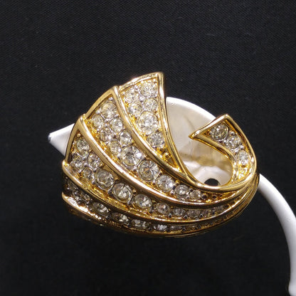 Nina Ricci Gold Plated Earrings, Pave Clear Rhinestones, 1960s Vintage Jewelry