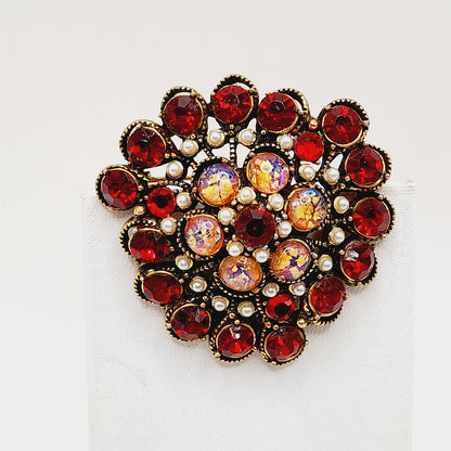 Hollycraft Vintage Red Rhinestone Cabochon Brooch, Faux Pearls, 1950s