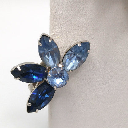 Kramer Blue Rhinestone Brooch Earrings Set, Light Dark Blue, Rhodium Plated, 1960s Vintage Jewelry