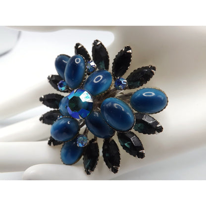 Blue Floral Mid-Century Brooch, Riveted Construction, 1950s Vintage Jewelry